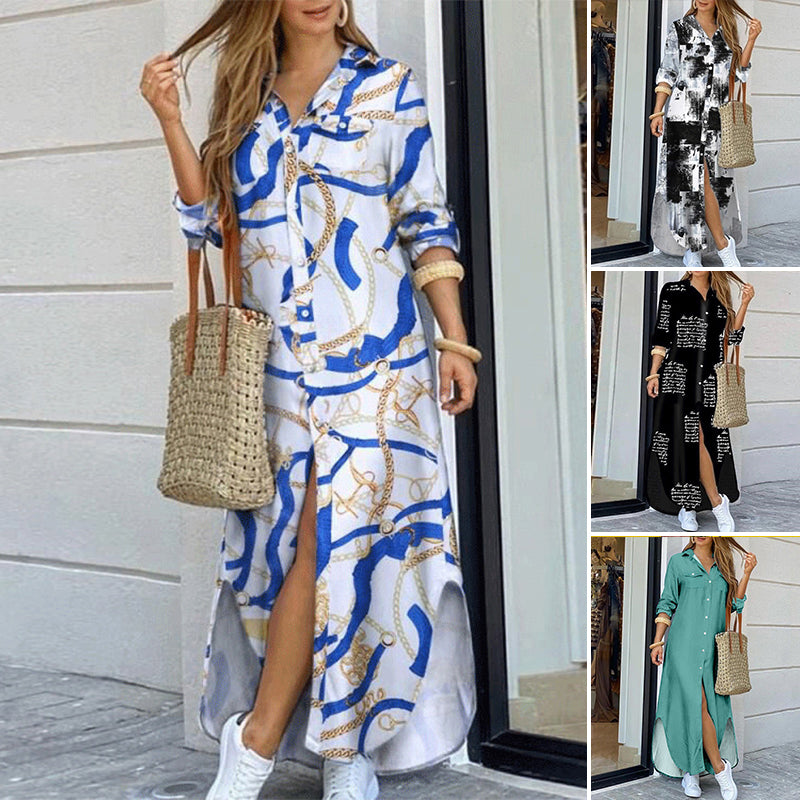 Elegant Printed Single-Breasted Slit Dress