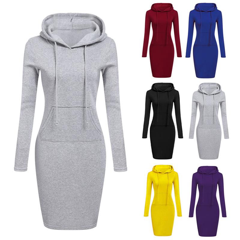 Women Stripes Pocket Knee Length Slim Casual Pullover Hoodie Dress
