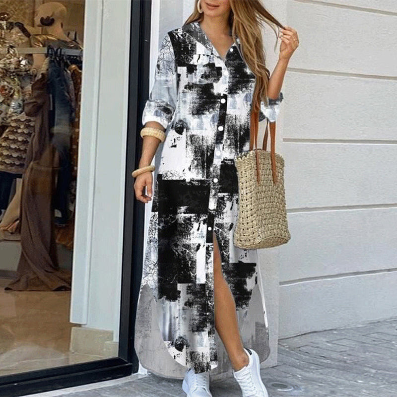 Elegant Printed Single-Breasted Slit Dress