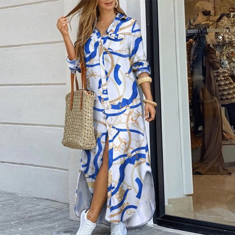 Elegant Printed Single-Breasted Slit Dress