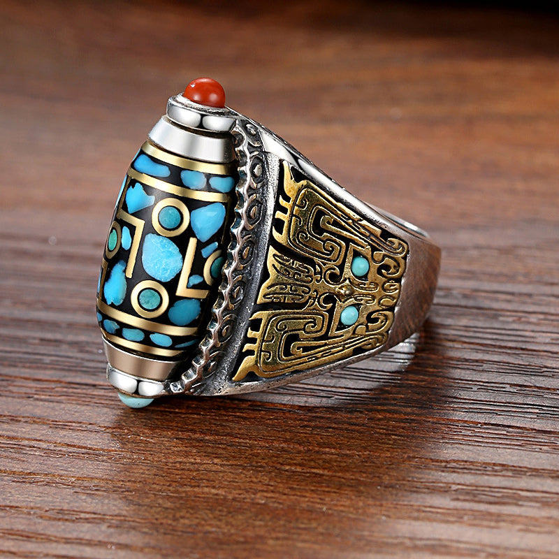 Turquoise Six-character Mantra Nine-eyed Dzi Bead Ring