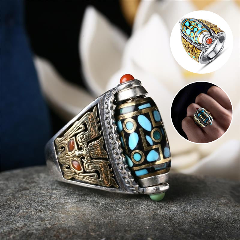 Turquoise Six-character Mantra Nine-eyed Dzi Bead Ring