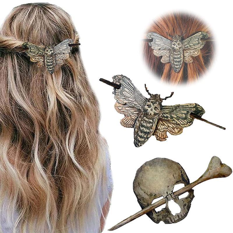 Lifesparking Death Moth/Skull Hair Pin Stick Slide with Faux Bone