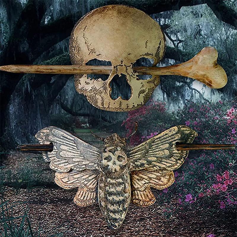 Lifesparking Death Moth/Skull Hair Pin Stick Slide with Faux Bone