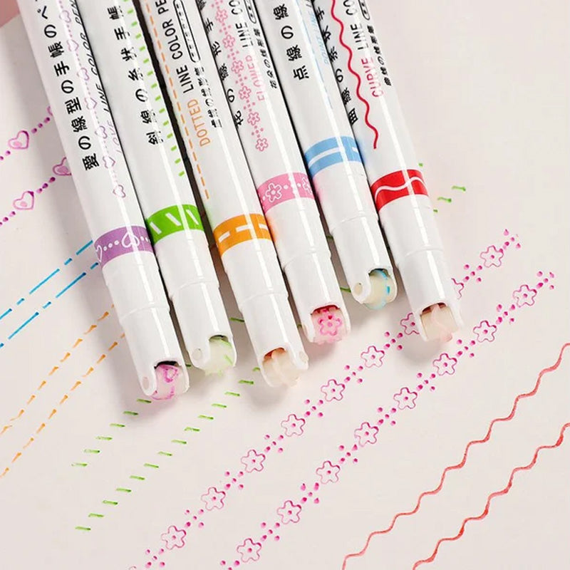 Dual Tip Pens with 6 Different Curve Shapes Fine Tips(1set/6pcs)