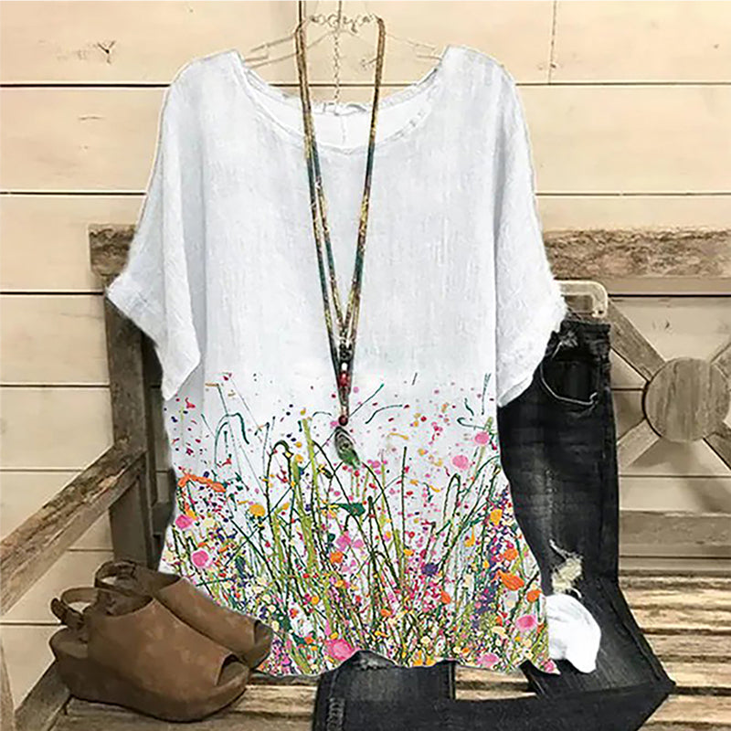 Ethnic Floral Printed Linen Loose Blouse