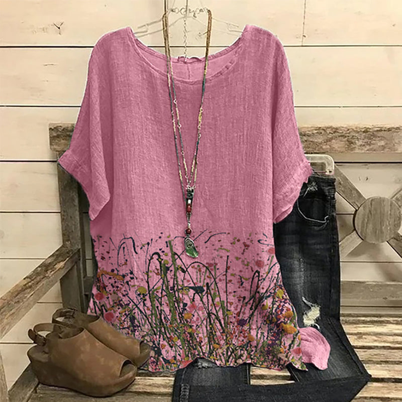 Ethnic Floral Printed Linen Loose Blouse