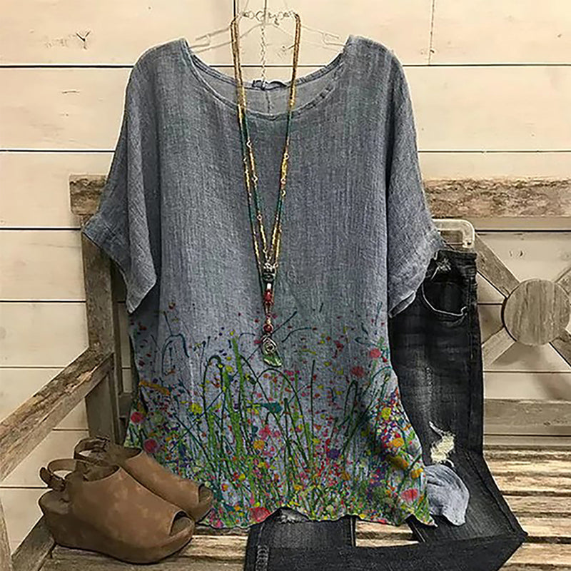 Ethnic Floral Printed Linen Loose Blouse
