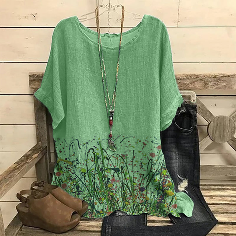 Ethnic Floral Printed Linen Loose Blouse