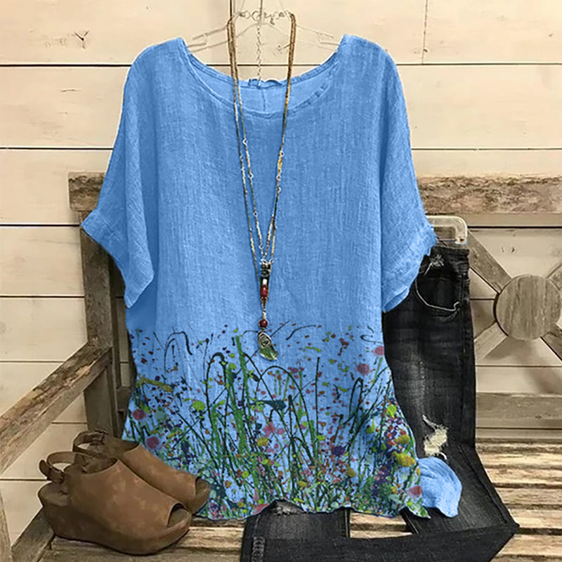 Ethnic Floral Printed Linen Loose Blouse