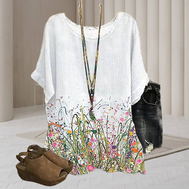 Ethnic Floral Printed Linen Loose Blouse