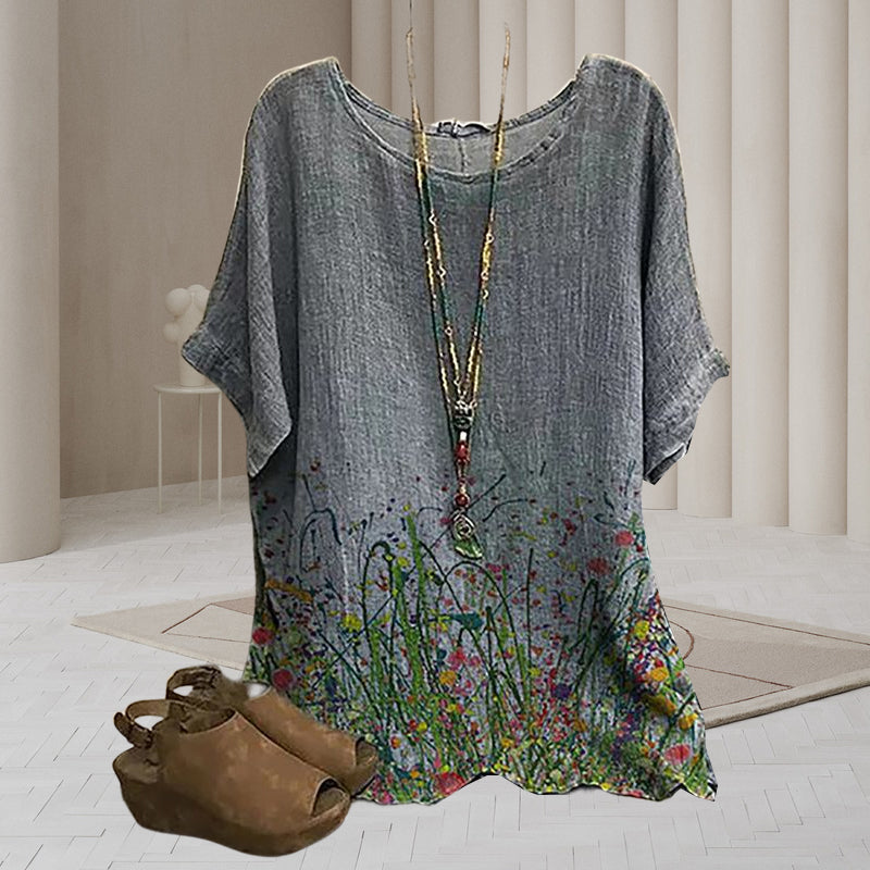 Ethnic Floral Printed Linen Loose Blouse