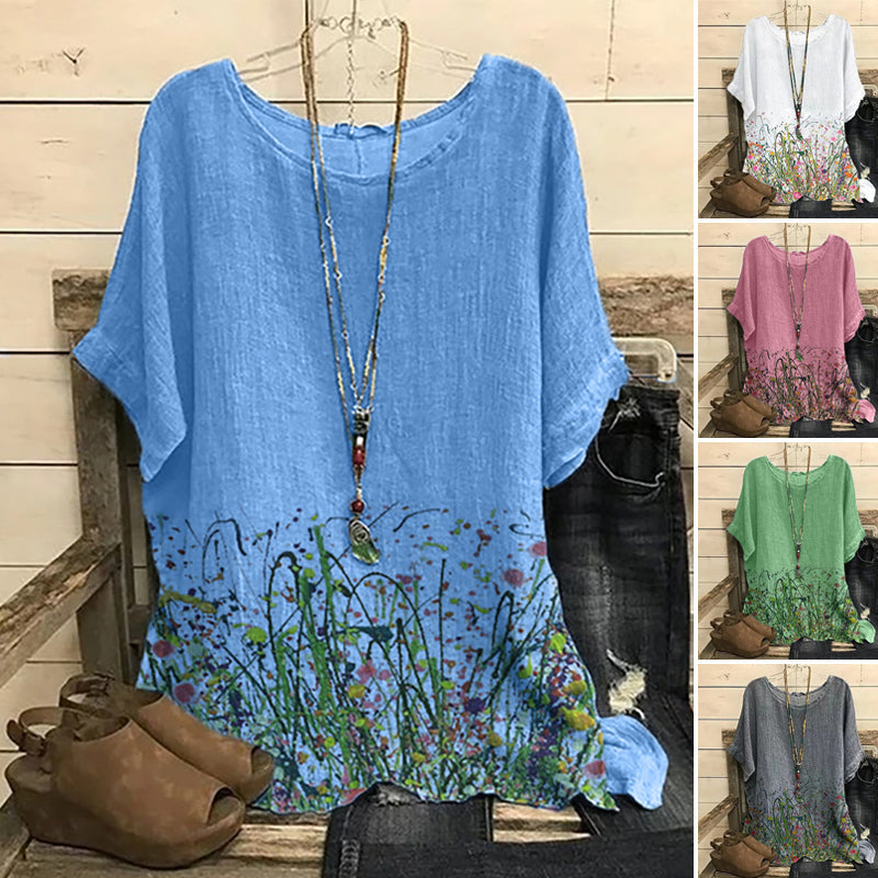 Ethnic Floral Printed Linen Loose Blouse