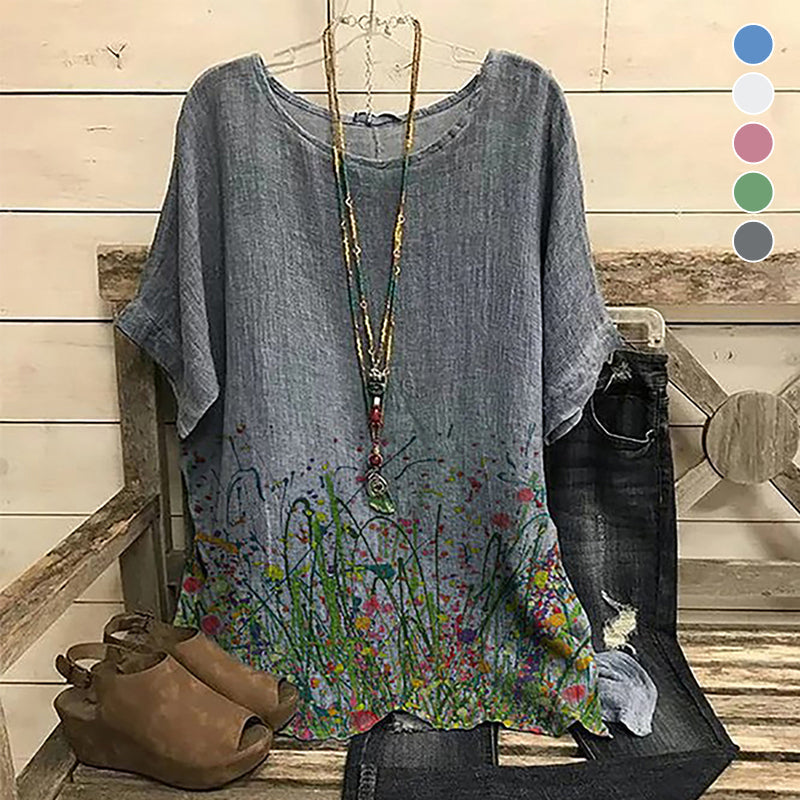 Ethnic Floral Printed Linen Loose Blouse